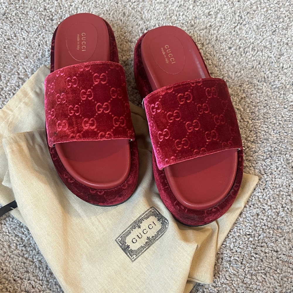 Gucci Burgundy Velvet Slide Sandals